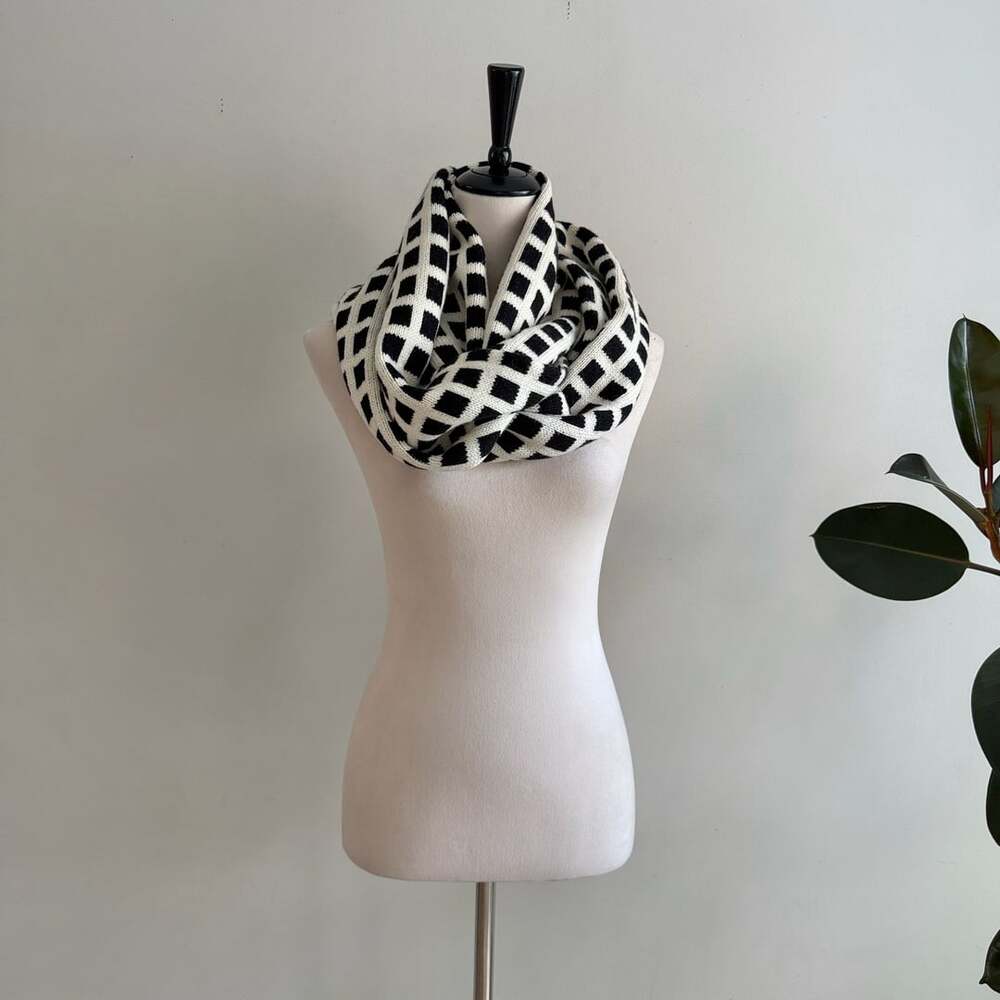 J. Crew Black and Cream Grid Checkered Infinity Scarf Wool Blend